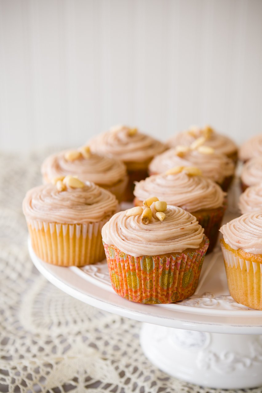 One Bowl Pine Nut Cupcakes with Raspberry Cream Cheese Frosting