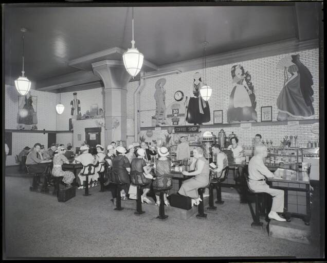 Greyhound bus terminal coffee shop. Negative by Isaac Sievers, 1936. Missouri History Museum Photographs and Prints Collection. Sievers Studio Collection. Image number: P0403-07076-02-8n