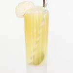head-on view of a limoncello float in a tall glass with ice cream on the rim, served with a spoon and paper straw