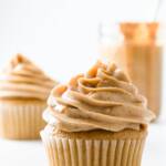 Peanut butter frosting on peanut butter cupcakes