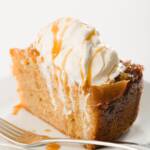 Apple upside-down cake topped with ice cream