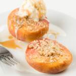 Baked Peaches with crumb topping and ice cream