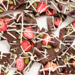 overhead view of closeup chocolate bark on a white countertop