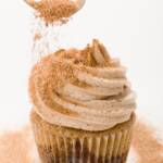 Cinnamon and Sugar being dusted over cinnamon buttercream frosting on a cupcake